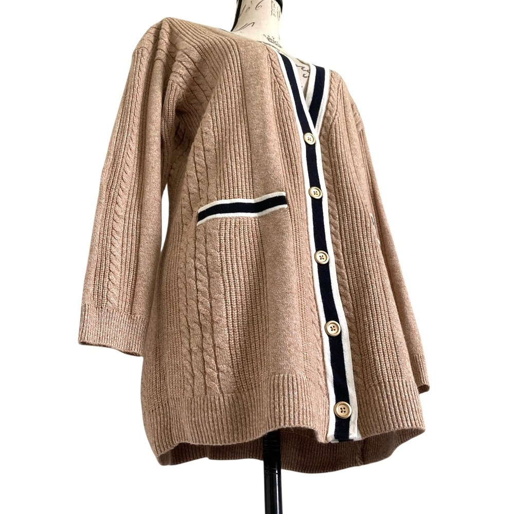 Talbots Cable Knit long Cardigan Sweater Size M Button down Cotton Preppy Tipped - Picture 15 of 17